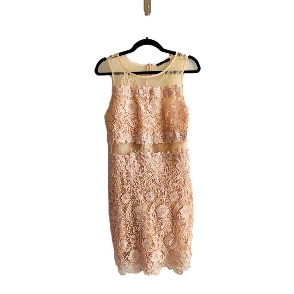 Tan crochet motif peekaboo waist, open back dress